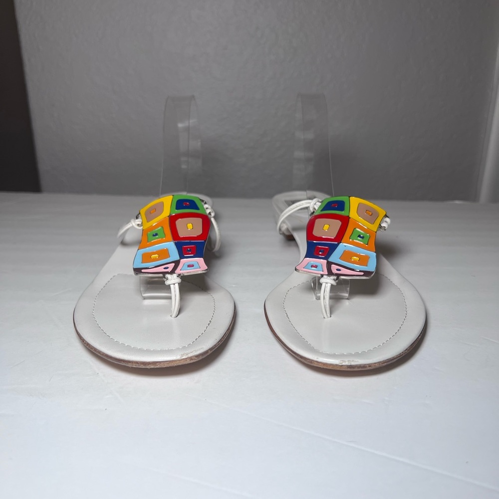 Joan & David Multicolor Geometric Mosaic Embellished White Thong Sandals - Picture 3 of 11